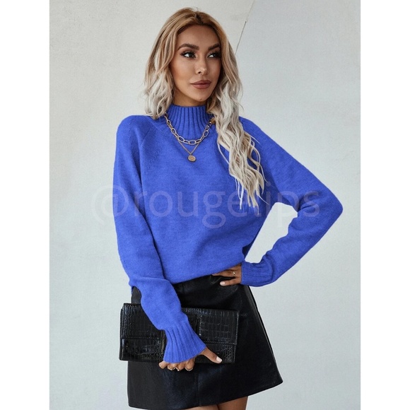 Royal Blue Knit Turtleneck Pullover Sweater Long Sleeve Side Slits - Picture 6 of 10